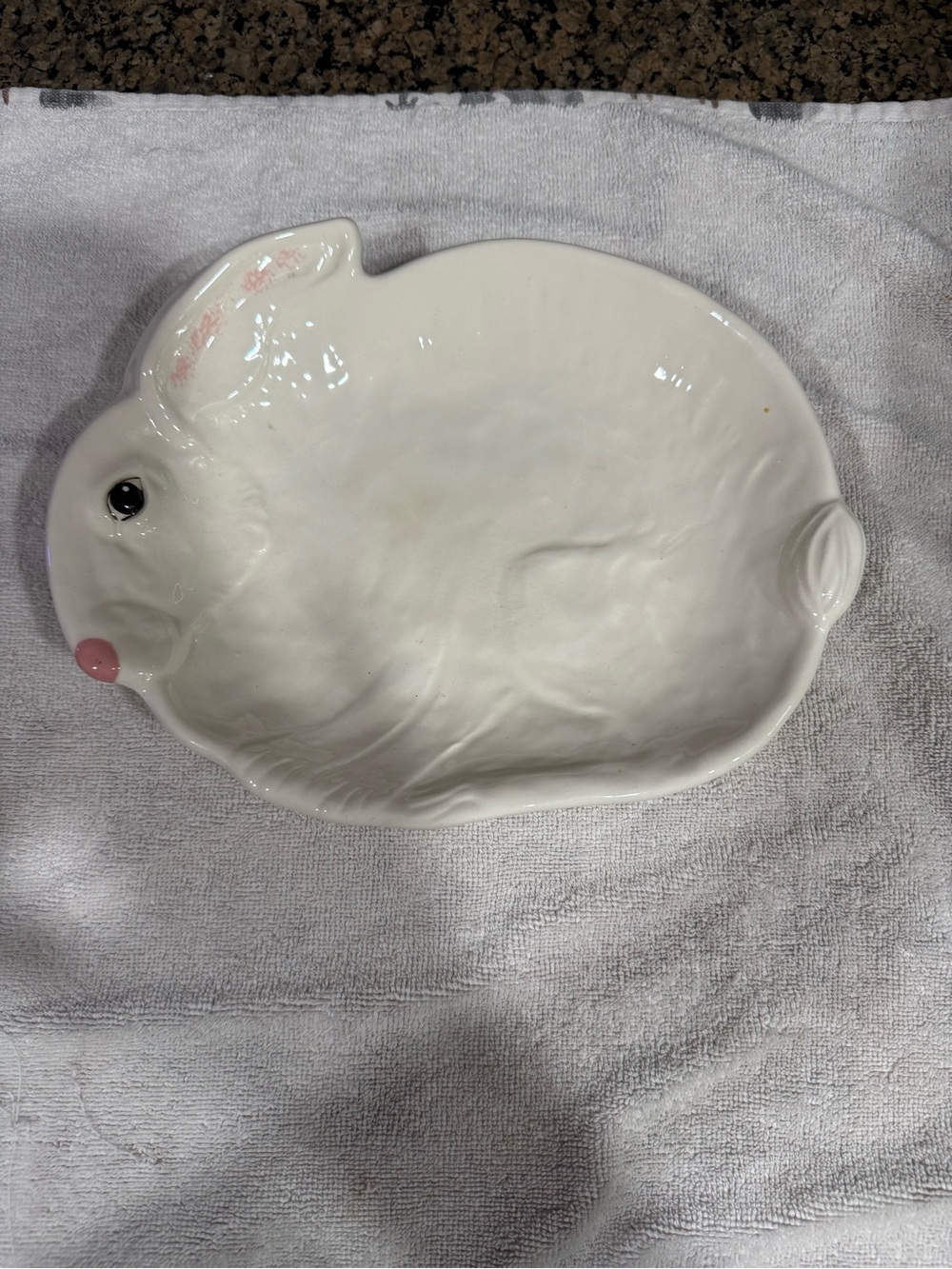 White Ceramic Bunny Dish with Pink Accent -